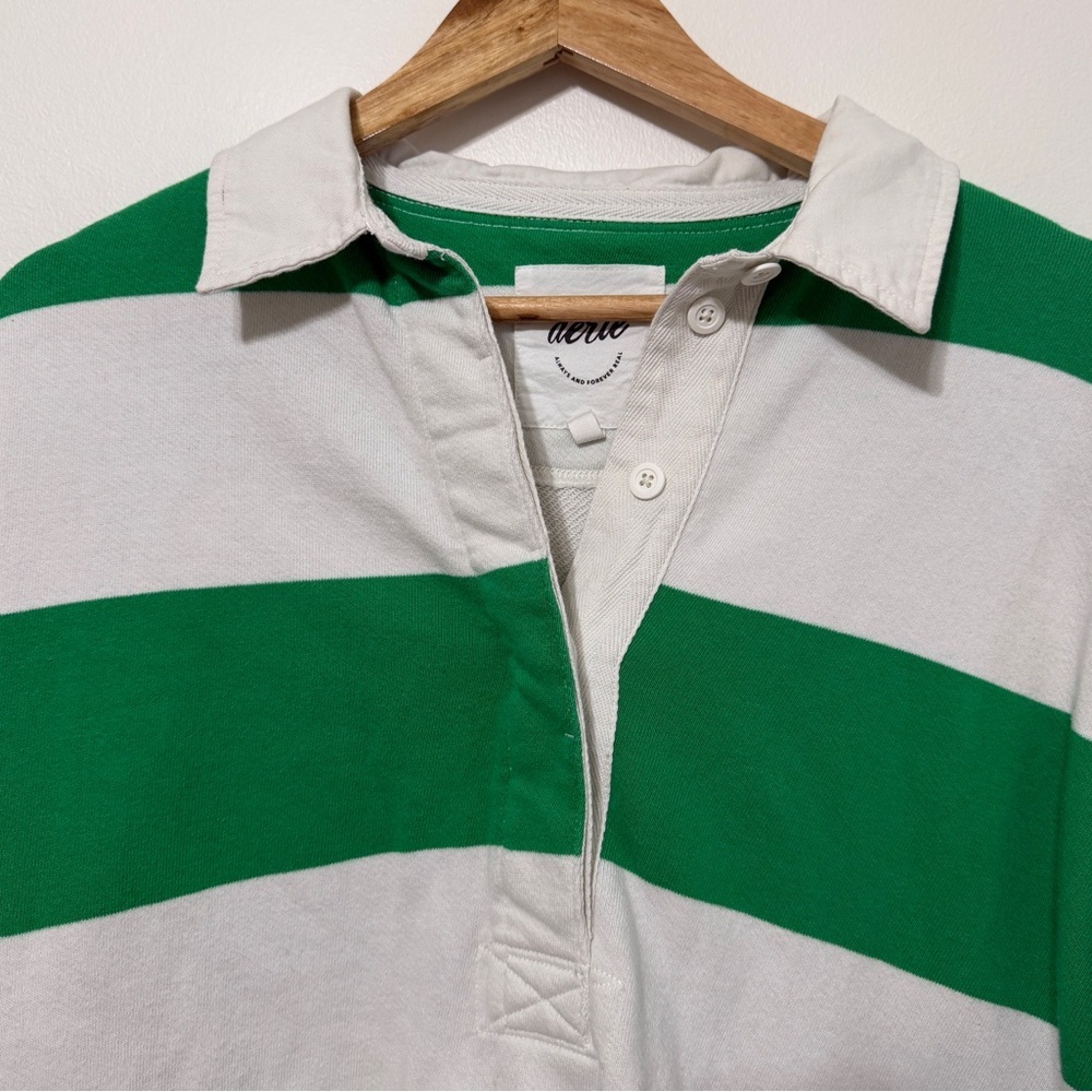 Aerie Prep Rally Rugby Sweatshirt Size XS Green Striped Polo Sweater - Picture 3 of 6